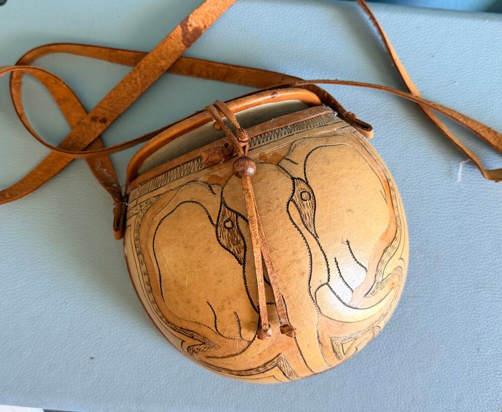 Vintage African Hand Carved Gourd Purse Elephant Calabash Leather Strap Bag
